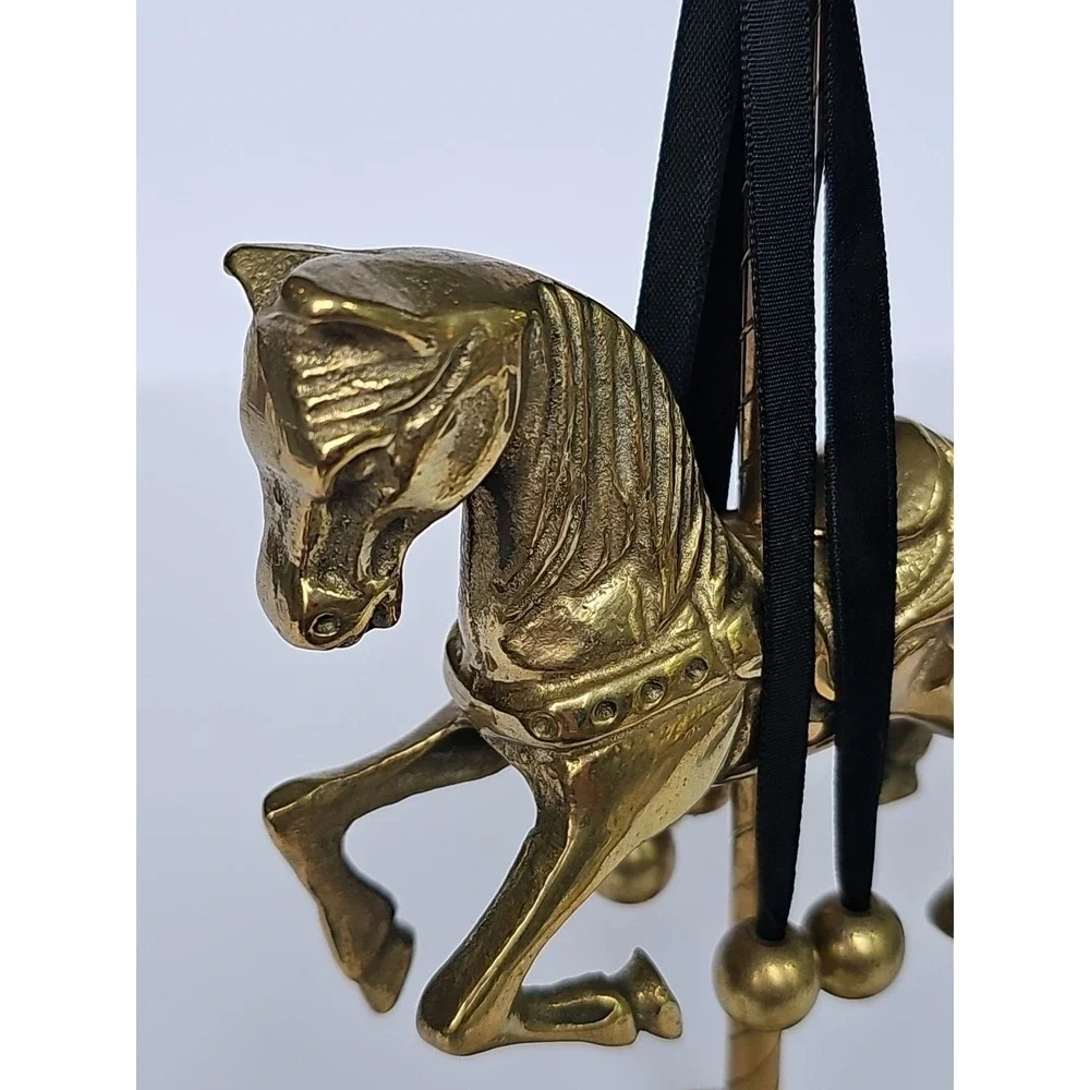 Vintage Solid Brass Carousel Horse Sculpture with Ribbons and Brass Balls M1029‎